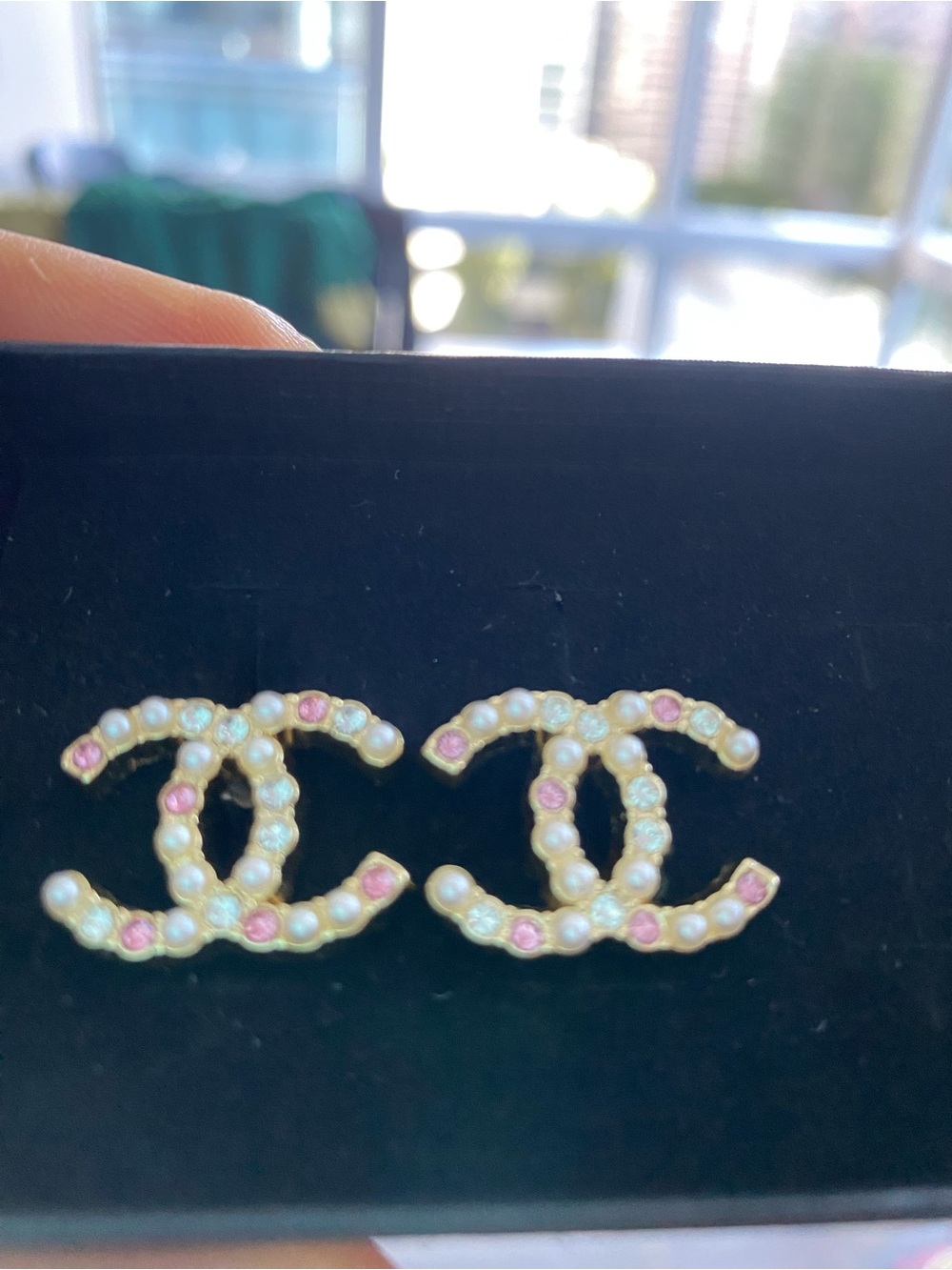 Pearl and Pink Crystal Interlocking Logo Stud Earrings - Gold Tone CC